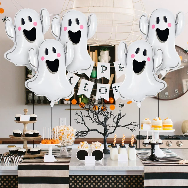 Alt view image 2 of 7 - 6 Pcs Halloween Ghost Balloons, White Ghost Shaped Foil Balloon, Large Mylar Balloons for Trick or Treat Halloween Themed Party Decoration