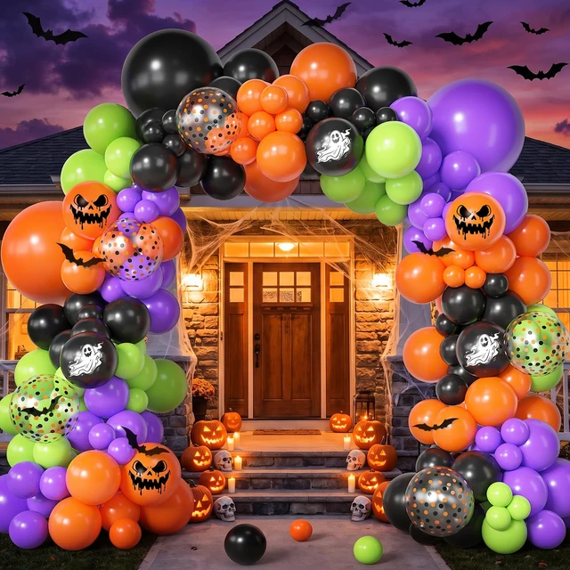 Alt view image 2 of 7 - 153pcs Halloween Balloon Arch Kit Ghost Print Halloween Balloons | Different Size 18 12 10 5inch Purple Green Black Orange Confetti Balloons Horror Spooky Halloween Birthday Party Decorations