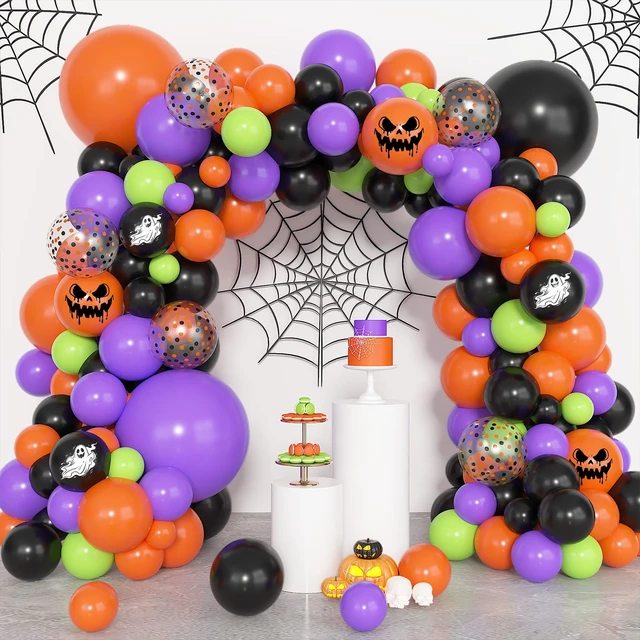 Alt view image 3 of 7 - 153pcs Halloween Balloon Arch Kit Ghost Print Halloween Balloons | Different Size 18 12 10 5inch Purple Green Black Orange Confetti Balloons Horror Spooky Halloween Birthday Party Decorations