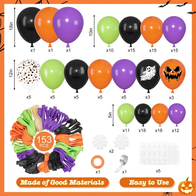Alt view image 4 of 7 - 153pcs Halloween Balloon Arch Kit Ghost Print Halloween Balloons | Different Size 18 12 10 5inch Purple Green Black Orange Confetti Balloons Horror Spooky Halloween Birthday Party Decorations