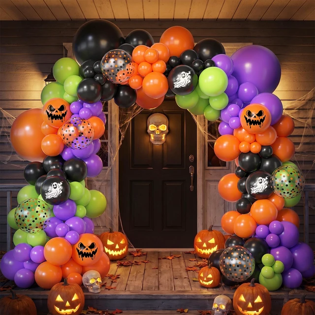 Alt view image 6 of 7 - 153pcs Halloween Balloon Arch Kit Ghost Print Halloween Balloons | Different Size 18 12 10 5inch Purple Green Black Orange Confetti Balloons Horror Spooky Halloween Birthday Party Decorations