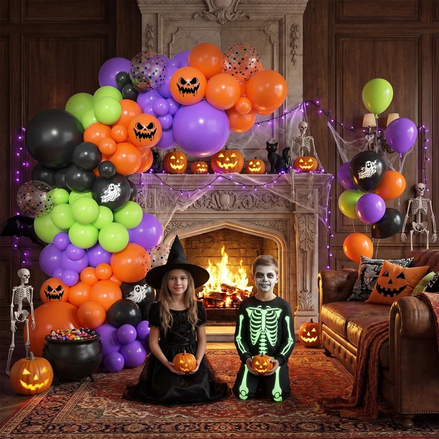 Alt view image 7 of 7 - 153pcs Halloween Balloon Arch Kit Ghost Print Halloween Balloons | Different Size 18 12 10 5inch Purple Green Black Orange Confetti Balloons Horror Spooky Halloween Birthday Party Decorations