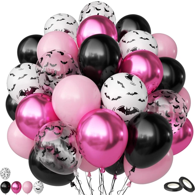 Main image of Halloween Balloons, 50 Pcs Pink Black Spooky Birthday Party Decorations | 12 Inch Bat Printed Confetti Balloons Metallic Pastel Pink Black for Girls Halloween Night BOO Trick or Treat Party Decor