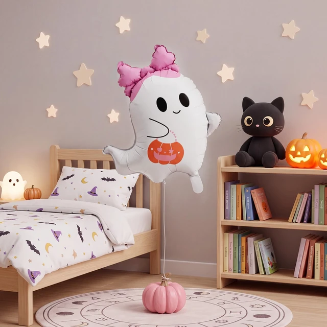 Alt view image 2 of 7 - 10 Pcs Pink Bow Ghost Balloons Cute Halloween Birthday Party Decor | 20 Inch Trick or Treat Large Spooky Foil Balloon for Halloween Party Supply Birthday Baby Shower Wedding Decor, Photo Props
