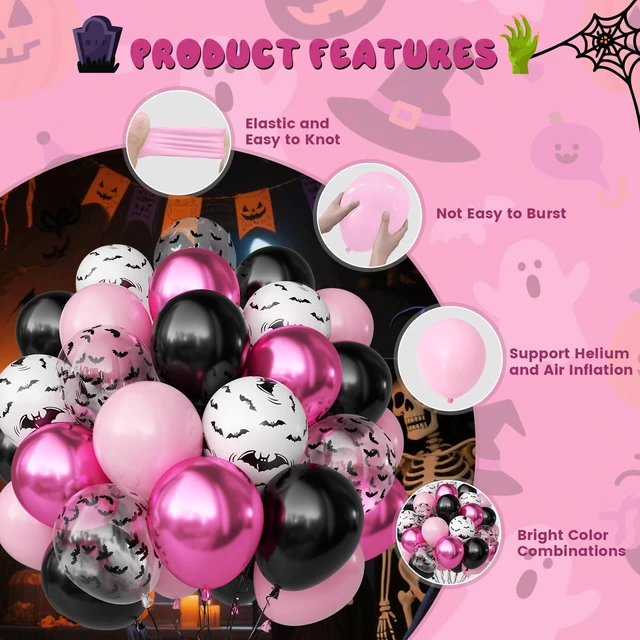 Alt view image 3 of 7 - Halloween Balloons, 50 Pcs Pink Black Spooky Birthday Party Decorations | 12 Inch Bat Printed Confetti Balloons Metallic Pastel Pink Black for Girls Halloween Night BOO Trick or Treat Party Decor