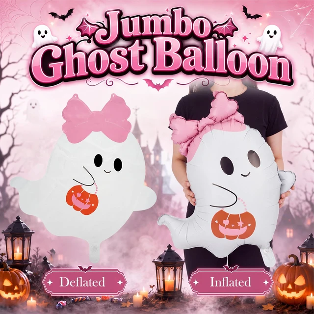 Alt view image 4 of 7 - 10 Pcs Pink Bow Ghost Balloons Cute Halloween Birthday Party Decor | 20 Inch Trick or Treat Large Spooky Foil Balloon for Halloween Party Supply Birthday Baby Shower Wedding Decor, Photo Props