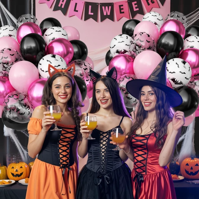 Alt view image 4 of 7 - Halloween Balloons, 50 Pcs Pink Black Spooky Birthday Party Decorations | 12 Inch Bat Printed Confetti Balloons Metallic Pastel Pink Black for Girls Halloween Night BOO Trick or Treat Party Decor