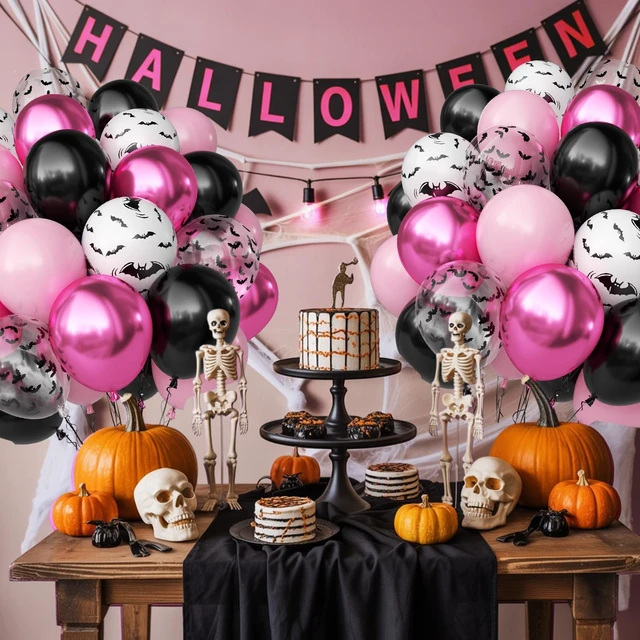 Alt view image 6 of 7 - Halloween Balloons, 50 Pcs Pink Black Spooky Birthday Party Decorations | 12 Inch Bat Printed Confetti Balloons Metallic Pastel Pink Black for Girls Halloween Night BOO Trick or Treat Party Decor