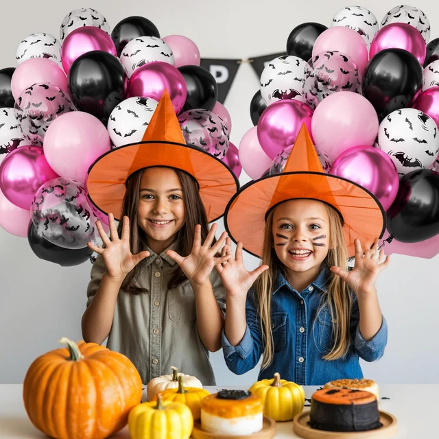 Alt view image 5 of 7 - Halloween Balloons, 50 Pcs Pink Black Spooky Birthday Party Decorations | 12 Inch Bat Printed Confetti Balloons Metallic Pastel Pink Black for Girls Halloween Night BOO Trick or Treat Party Decor