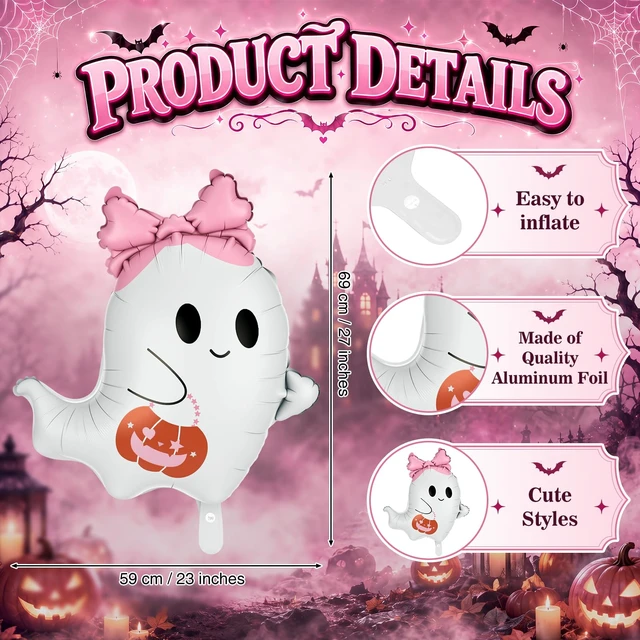 Alt view image 6 of 7 - 10 Pcs Pink Bow Ghost Balloons Cute Halloween Birthday Party Decor | 20 Inch Trick or Treat Large Spooky Foil Balloon for Halloween Party Supply Birthday Baby Shower Wedding Decor, Photo Props