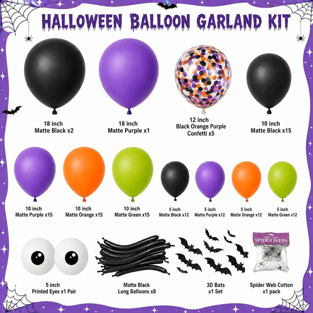 Alt view image 2 of 7 - 131 Pcs Halloween Balloon Arch Garland Kit with Big Spider DIY Balloons | Black Orange Lime Green Purple Confetti Latex Balloons Arch with 3D Bats Spider Web for Halloween Party Decorations Supplies