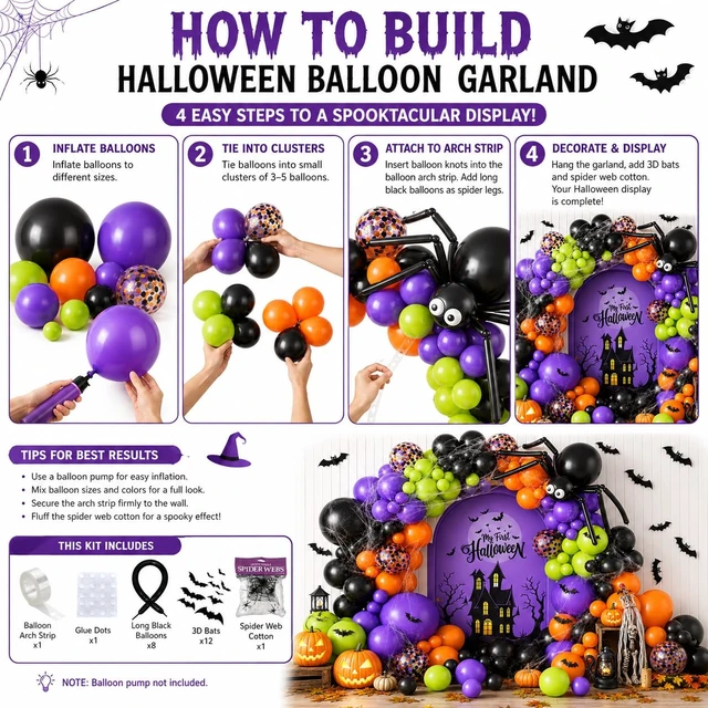 Alt view image 3 of 7 - 131 Pcs Halloween Balloon Arch Garland Kit with Big Spider DIY Balloons | Black Orange Lime Green Purple Confetti Latex Balloons Arch with 3D Bats Spider Web for Halloween Party Decorations Supplies