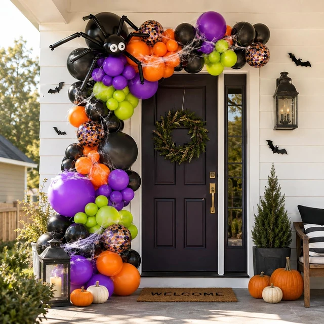 Alt view image 4 of 7 - 131 Pcs Halloween Balloon Arch Garland Kit with Big Spider DIY Balloons | Black Orange Lime Green Purple Confetti Latex Balloons Arch with 3D Bats Spider Web for Halloween Party Decorations Supplies