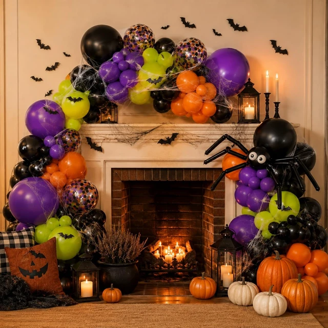 Alt view image 5 of 7 - 131 Pcs Halloween Balloon Arch Garland Kit with Big Spider DIY Balloons | Black Orange Lime Green Purple Confetti Latex Balloons Arch with 3D Bats Spider Web for Halloween Party Decorations Supplies