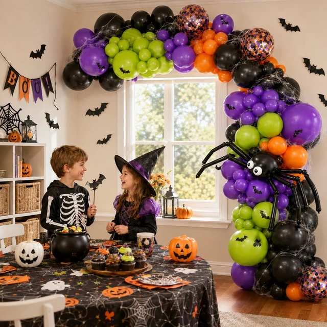 Alt view image 6 of 7 - 131 Pcs Halloween Balloon Arch Garland Kit with Big Spider DIY Balloons | Black Orange Lime Green Purple Confetti Latex Balloons Arch with 3D Bats Spider Web for Halloween Party Decorations Supplies