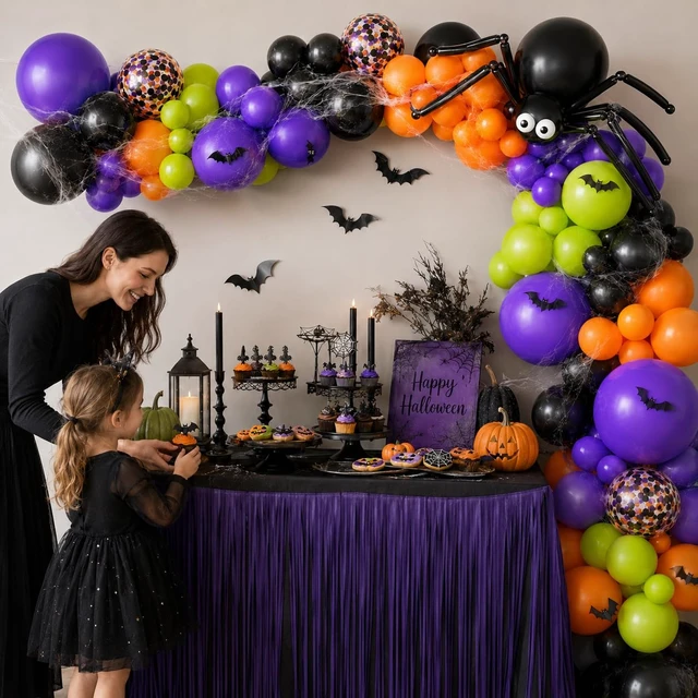 Alt view image 7 of 7 - 131 Pcs Halloween Balloon Arch Garland Kit with Big Spider DIY Balloons | Black Orange Lime Green Purple Confetti Latex Balloons Arch with 3D Bats Spider Web for Halloween Party Decorations Supplies