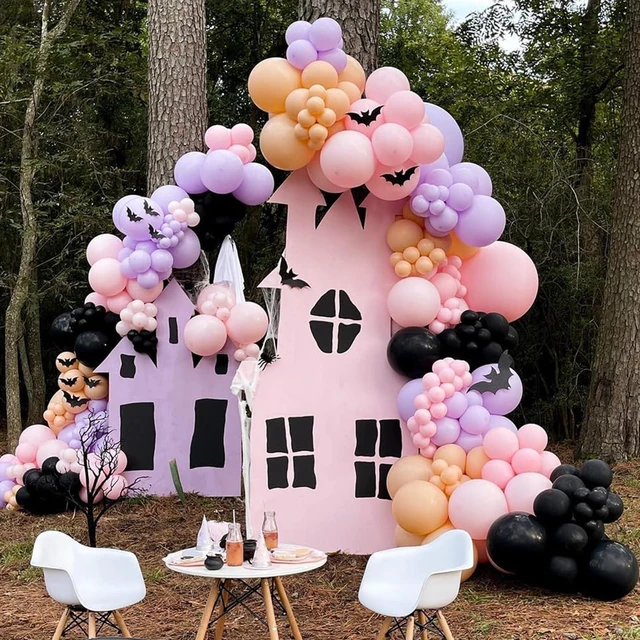 Alt view image 4 of 7 - Halloween Balloon Garland Arch Kit Purple Pink Halloween Baby Shower Ballon | Girl Pastel Pink Orange Halloween Ghost Mylar Foil Balloons Set 3D Bat for Happy Halloween spooky one Birthday Decorations