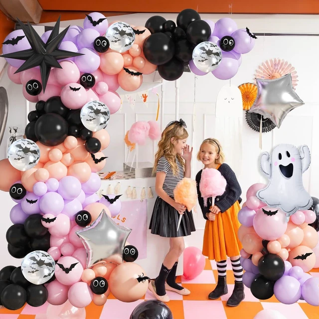 Alt view image 5 of 7 - Halloween Balloon Garland Arch Kit Purple Pink Halloween Baby Shower Ballon | Girl Pastel Pink Orange Halloween Ghost Mylar Foil Balloons Set 3D Bat for Happy Halloween spooky one Birthday Decorations