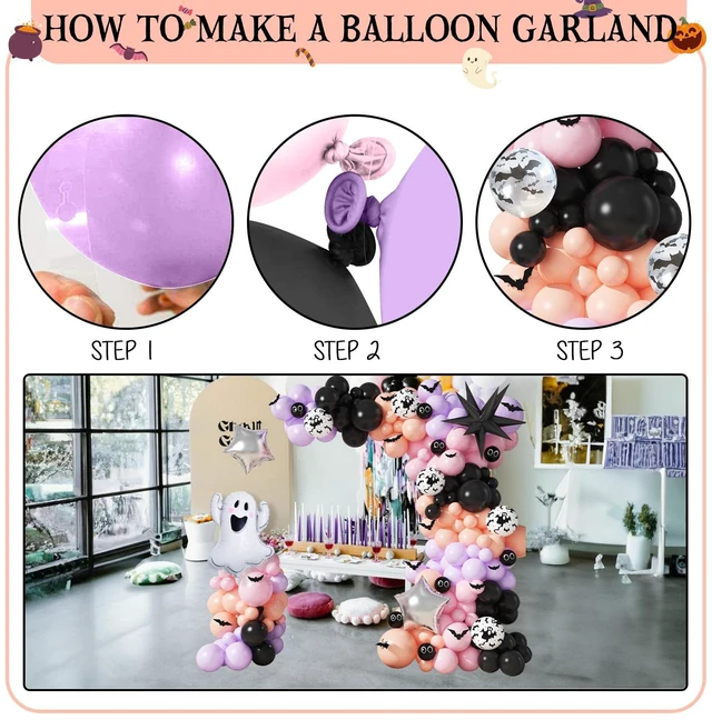 Alt view image 6 of 7 - Halloween Balloon Garland Arch Kit Purple Pink Halloween Baby Shower Ballon | Girl Pastel Pink Orange Halloween Ghost Mylar Foil Balloons Set 3D Bat for Happy Halloween spooky one Birthday Decorations