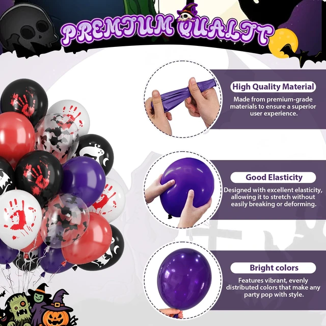 Alt view image 3 of 7 - Halloween Balloons, 50pcs Black Purple Red Balloons, Black White Bloody Handprint Balloon Bat Printed Balloon For Scary Halloween Masquerade Spooky Vampire Haunted Themed Birthday Party Decor