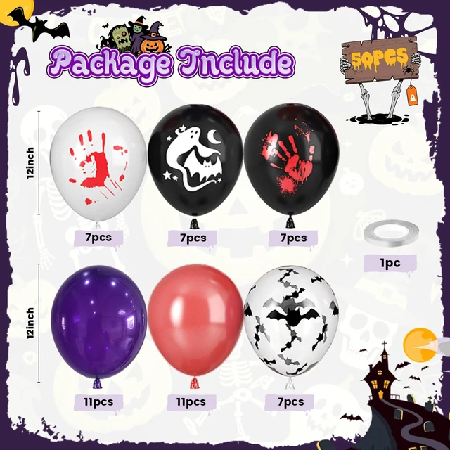 Alt view image 2 of 7 - Halloween Balloons, 50pcs Black Purple Red Balloons, Black White Bloody Handprint Balloon Bat Printed Balloon For Scary Halloween Masquerade Spooky Vampire Haunted Themed Birthday Party Decor