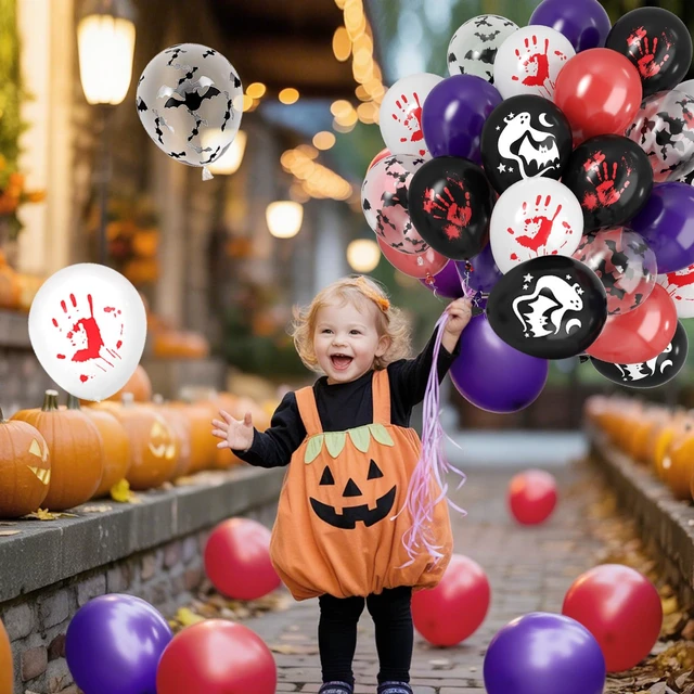 Alt view image 4 of 7 - Halloween Balloons, 50pcs Black Purple Red Balloons, Black White Bloody Handprint Balloon Bat Printed Balloon For Scary Halloween Masquerade Spooky Vampire Haunted Themed Birthday Party Decor