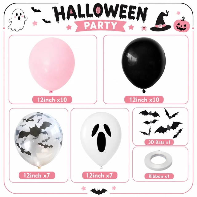 Alt view image 2 of 7 - Pink Halloween Balloons,Pink Black Balloon for Halloween Party Decorations, Pastel Pink Black Ghost Balloons with 3D Bat,A Little Boo Baby Shower Ghouls Night Halloween Spooky One Birthday Party Decor