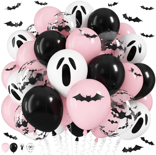 Main image of Pink Halloween Balloons,Pink Black Balloon for Halloween Party Decorations, Pastel Pink Black Ghost Balloons with 3D Bat,A Little Boo Baby Shower Ghouls Night Halloween Spooky One Birthday Party Decor