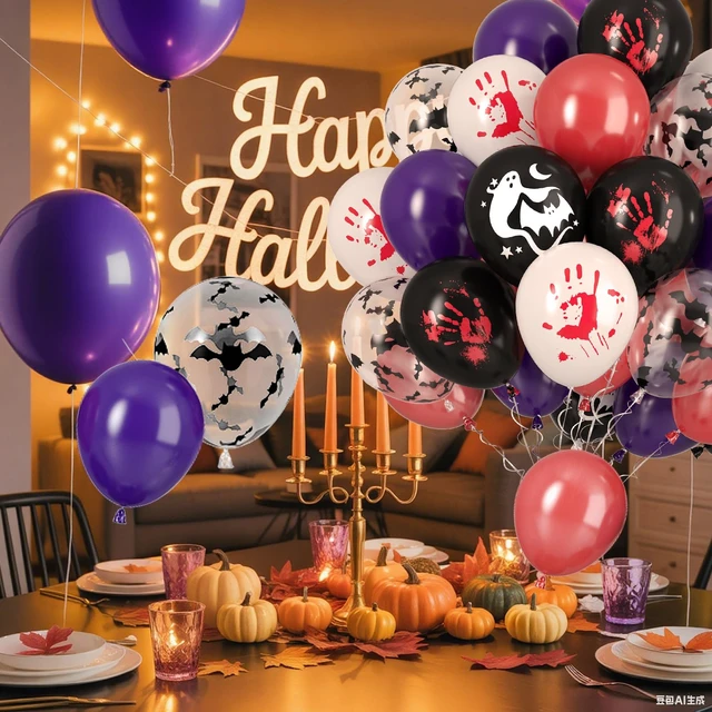 Alt view image 7 of 7 - Halloween Balloons, 50pcs Black Purple Red Balloons, Black White Bloody Handprint Balloon Bat Printed Balloon For Scary Halloween Masquerade Spooky Vampire Haunted Themed Birthday Party Decor