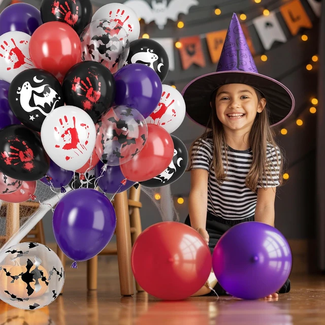 Alt view image 6 of 7 - Halloween Balloons, 50pcs Black Purple Red Balloons, Black White Bloody Handprint Balloon Bat Printed Balloon For Scary Halloween Masquerade Spooky Vampire Haunted Themed Birthday Party Decor