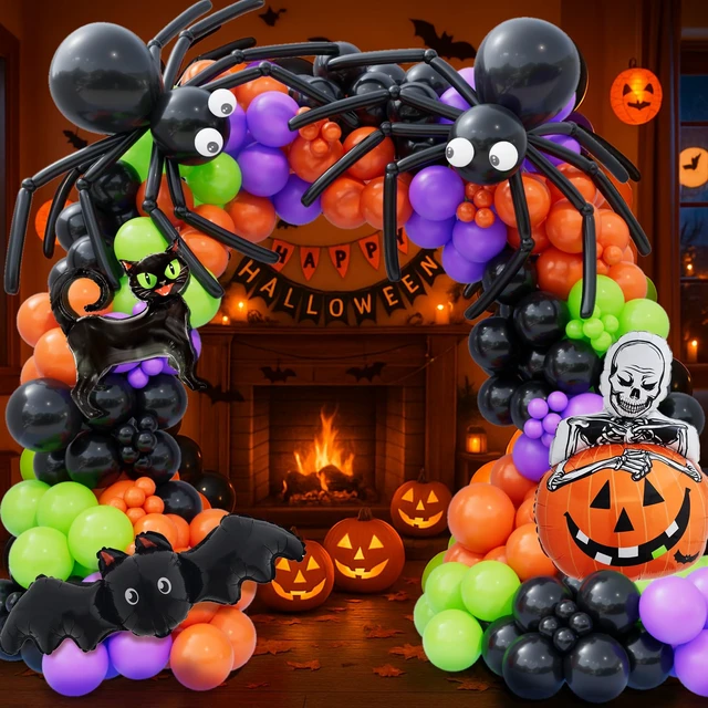 Alt view image 6 of 7 - 173pcs Halloween Balloon Garland Arch kit with Black Orange Green Purple Balloons Spider Balloons Halloween Foil Balloons for Haloween Theme Party Background Classroom Decorations