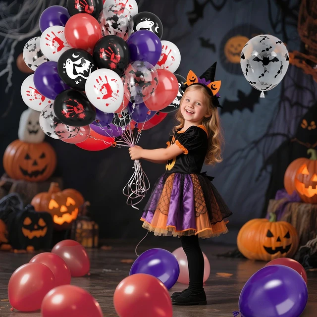 Alt view image 5 of 7 - Halloween Balloons, 50pcs Black Purple Red Balloons, Black White Bloody Handprint Balloon Bat Printed Balloon For Scary Halloween Masquerade Spooky Vampire Haunted Themed Birthday Party Decor