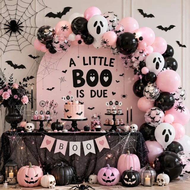 Alt view image 3 of 7 - Pink Halloween Balloons,Pink Black Balloon for Halloween Party Decorations, Pastel Pink Black Ghost Balloons with 3D Bat,A Little Boo Baby Shower Ghouls Night Halloween Spooky One Birthday Party Decor