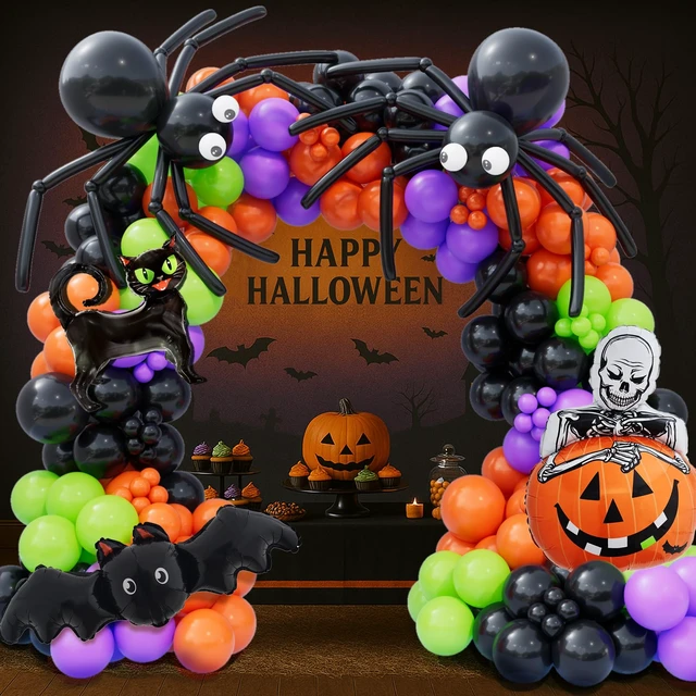 Alt view image 7 of 7 - 173pcs Halloween Balloon Garland Arch kit with Black Orange Green Purple Balloons Spider Balloons Halloween Foil Balloons for Haloween Theme Party Background Classroom Decorations