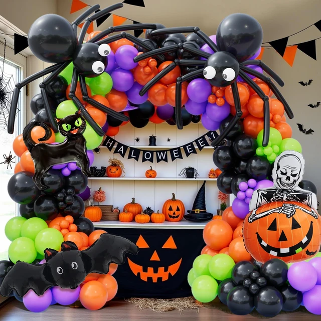 Alt view image 5 of 7 - 173pcs Halloween Balloon Garland Arch kit with Black Orange Green Purple Balloons Spider Balloons Halloween Foil Balloons for Haloween Theme Party Background Classroom Decorations