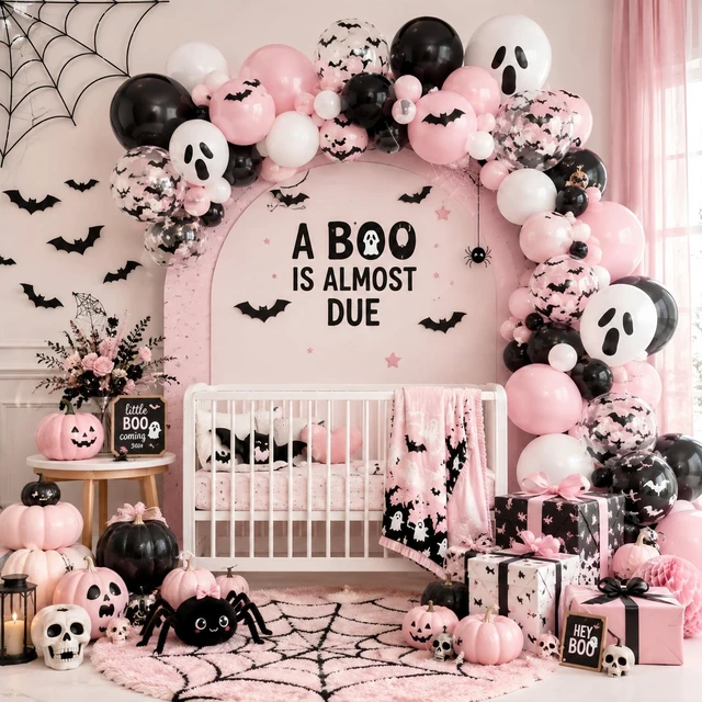 Alt view image 4 of 7 - Pink Halloween Balloons,Pink Black Balloon for Halloween Party Decorations, Pastel Pink Black Ghost Balloons with 3D Bat,A Little Boo Baby Shower Ghouls Night Halloween Spooky One Birthday Party Decor