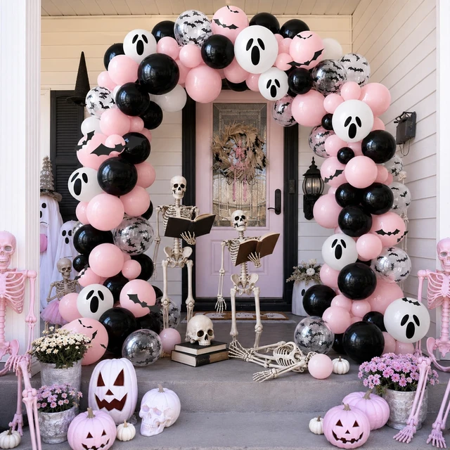 Alt view image 7 of 7 - Pink Halloween Balloons,Pink Black Balloon for Halloween Party Decorations, Pastel Pink Black Ghost Balloons with 3D Bat,A Little Boo Baby Shower Ghouls Night Halloween Spooky One Birthday Party Decor