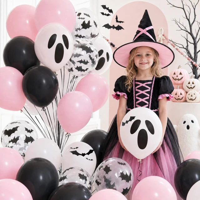 Alt view image 5 of 7 - Pink Halloween Balloons,Pink Black Balloon for Halloween Party Decorations, Pastel Pink Black Ghost Balloons with 3D Bat,A Little Boo Baby Shower Ghouls Night Halloween Spooky One Birthday Party Decor