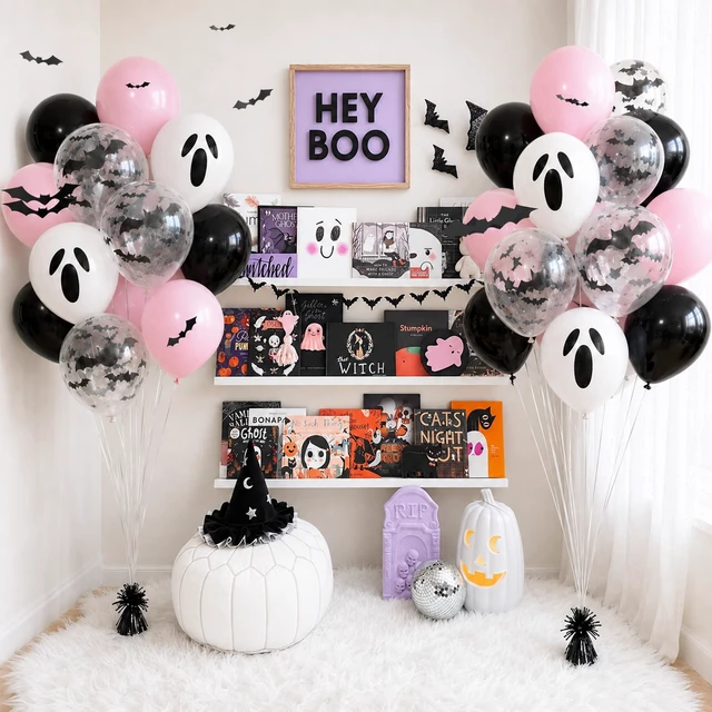Alt view image 6 of 7 - Pink Halloween Balloons,Pink Black Balloon for Halloween Party Decorations, Pastel Pink Black Ghost Balloons with 3D Bat,A Little Boo Baby Shower Ghouls Night Halloween Spooky One Birthday Party Decor
