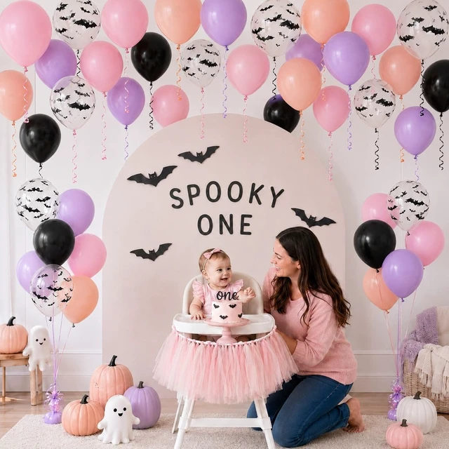 Alt view image 5 of 7 - Halloween Balloon Pastel Halloween Pink Black Purple Balloons Spooky One | Pink Halloween Balloon 3D Bat Stickers Bat Balloon for Girls Night Cute Ghost Spooky One Scary Birthday Baby Shower Party