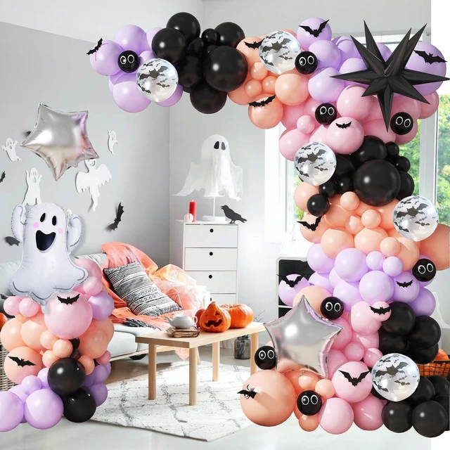 Alt view image 7 of 7 - Halloween Balloon Garland Arch Kit Purple Pink Halloween Baby Shower Ballon | Girl Pastel Pink Orange Halloween Ghost Mylar Foil Balloons Set 3D Bat for Happy Halloween spooky one Birthday Decorations