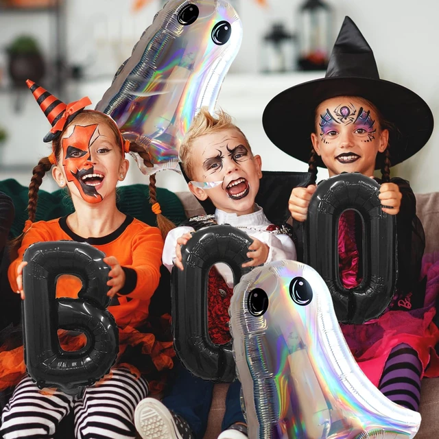 Alt view image 3 of 7 - Halloween Foil Balloons Kit, Black Boo Mylar Balloons and 2 Pcs Laser Silver Ghost Foil Balloons Set for Kids Horror Spooky Halloween Night Party Decorations Supplies