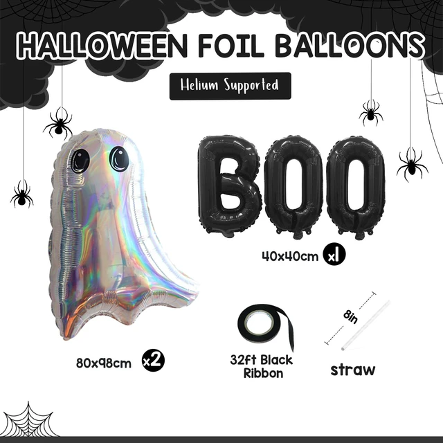 Alt view image 2 of 7 - Halloween Foil Balloons Kit, Black Boo Mylar Balloons and 2 Pcs Laser Silver Ghost Foil Balloons Set for Kids Horror Spooky Halloween Night Party Decorations Supplies
