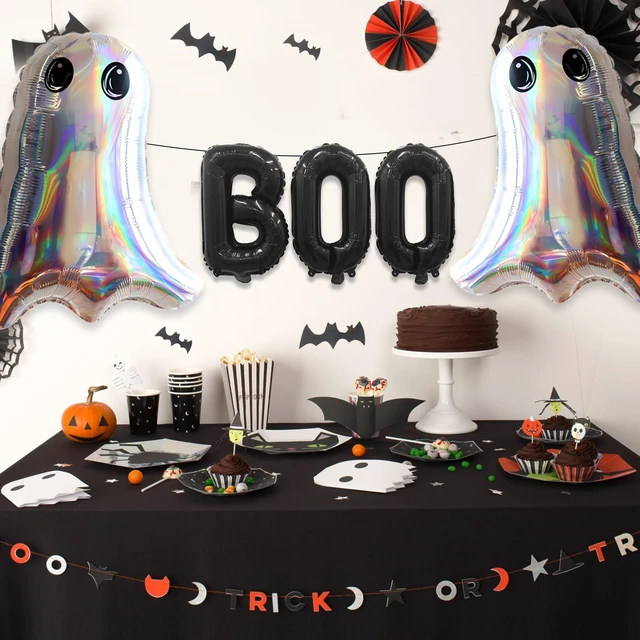 Alt view image 4 of 7 - Halloween Foil Balloons Kit, Black Boo Mylar Balloons and 2 Pcs Laser Silver Ghost Foil Balloons Set for Kids Horror Spooky Halloween Night Party Decorations Supplies