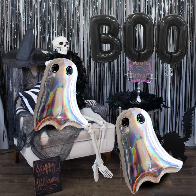 Alt view image 5 of 7 - Halloween Foil Balloons Kit, Black Boo Mylar Balloons and 2 Pcs Laser Silver Ghost Foil Balloons Set for Kids Horror Spooky Halloween Night Party Decorations Supplies
