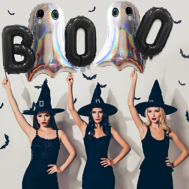 Alt view image 7 of 7 - Halloween Foil Balloons Kit, Black Boo Mylar Balloons and 2 Pcs Laser Silver Ghost Foil Balloons Set for Kids Horror Spooky Halloween Night Party Decorations Supplies
