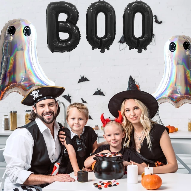 Alt view image 6 of 7 - Halloween Foil Balloons Kit, Black Boo Mylar Balloons and 2 Pcs Laser Silver Ghost Foil Balloons Set for Kids Horror Spooky Halloween Night Party Decorations Supplies