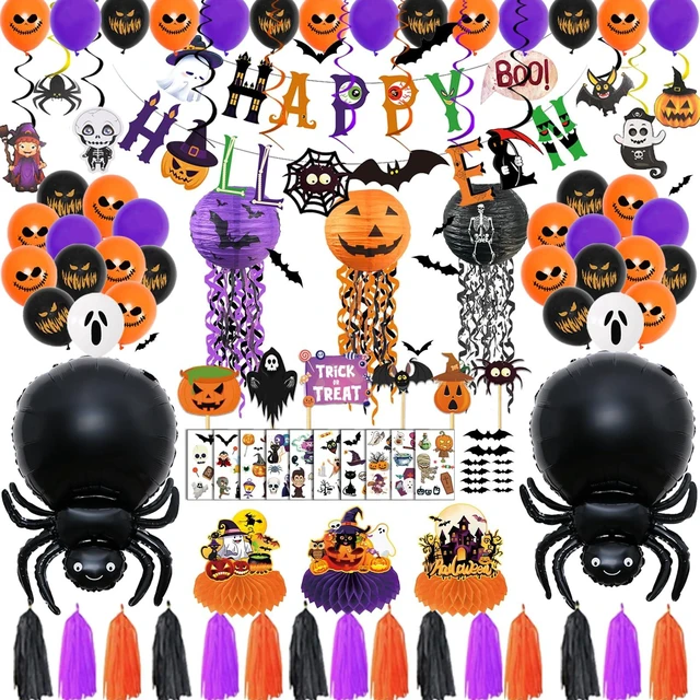 Main image of 93Pcs Halloween Party Decorations, Halloween Birthday Party Decorations Set Including Banner Wire Lanterns Glow Tattoos Photo Props Spiders Balloons Hanging Swirls Bats Tassels