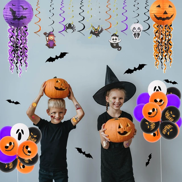 Alt view image 2 of 7 - 93Pcs Halloween Party Decorations, Halloween Birthday Party Decorations Set Including Banner Wire Lanterns Glow Tattoos Photo Props Spiders Balloons Hanging Swirls Bats Tassels
