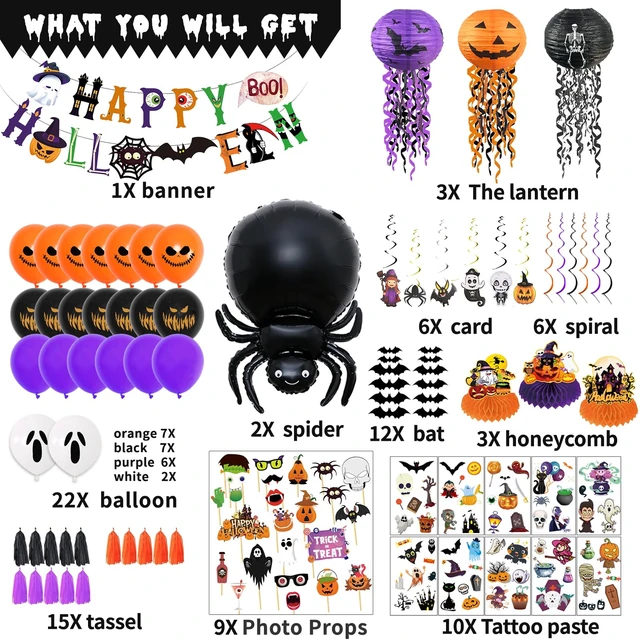 Alt view image 3 of 7 - 93Pcs Halloween Party Decorations, Halloween Birthday Party Decorations Set Including Banner Wire Lanterns Glow Tattoos Photo Props Spiders Balloons Hanging Swirls Bats Tassels